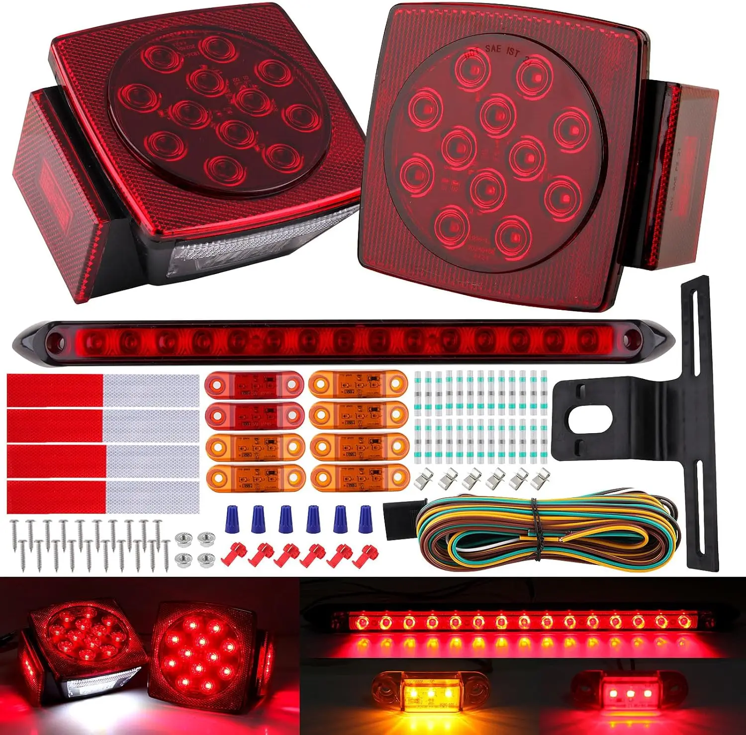 

Submersible LED Trailer Tail Light Kit, 6pcs Square Brake Stop Turn Lights w/Wire & Bracket, 15' 11LED Light Bar for RV Camper B