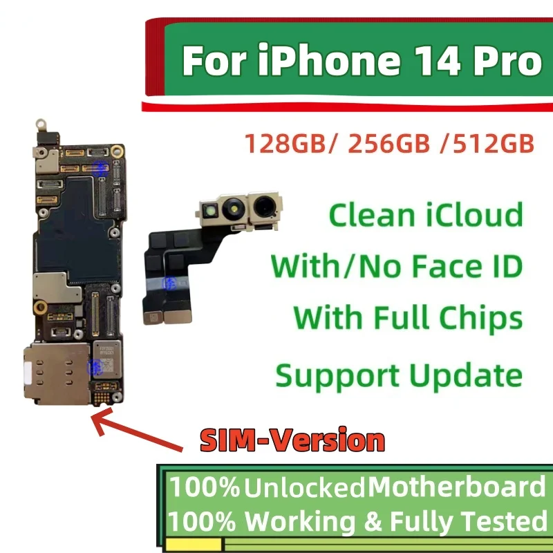 Unlocked Motherboard for iPhone 14 Pro Max, Face ID, 14 Pro, Free Clean iCloud Mainboard, Logic Board Plate, E-SIM, SIM Version