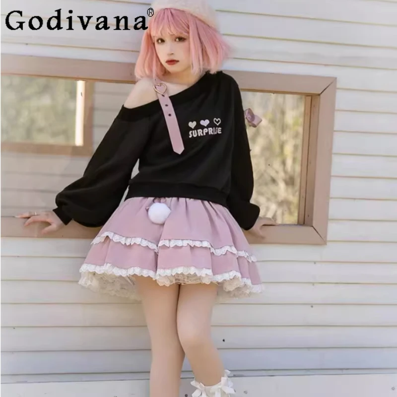 

Autumn Large Size Japanese Sweet Bow Lace-up Off-Shoulder Sweatershirt Female Cute Lace High Waist College A-line Princess Skirt