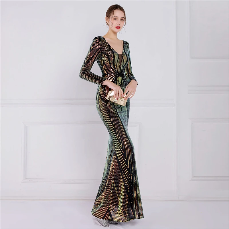 Female paillettes Vestido de festa Elegant Sexy Deep V Neck Long sleeve Sequin Formal Occasion Prom Cocktail Maxi Mermaid dress