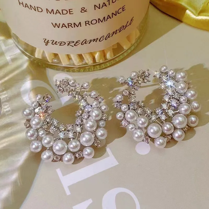 Fashion Irregular Roundness Inlay Drill Imitation Pearl Earrings For Women Delicacy Jewelry Gifts Daily Wear Accessory Wholesale
