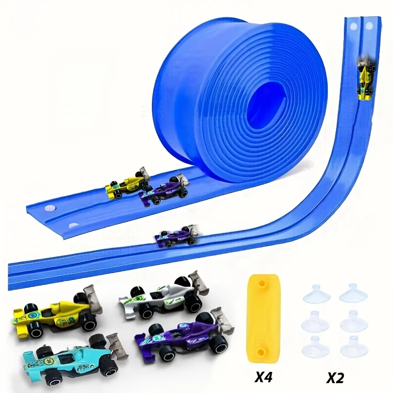 Flexible Bendable Race Track Toy 4m DIY Racing Ramp Set with 4 Diecast Race Cars Suction Cups Kids Educational Gift for Boys Gir