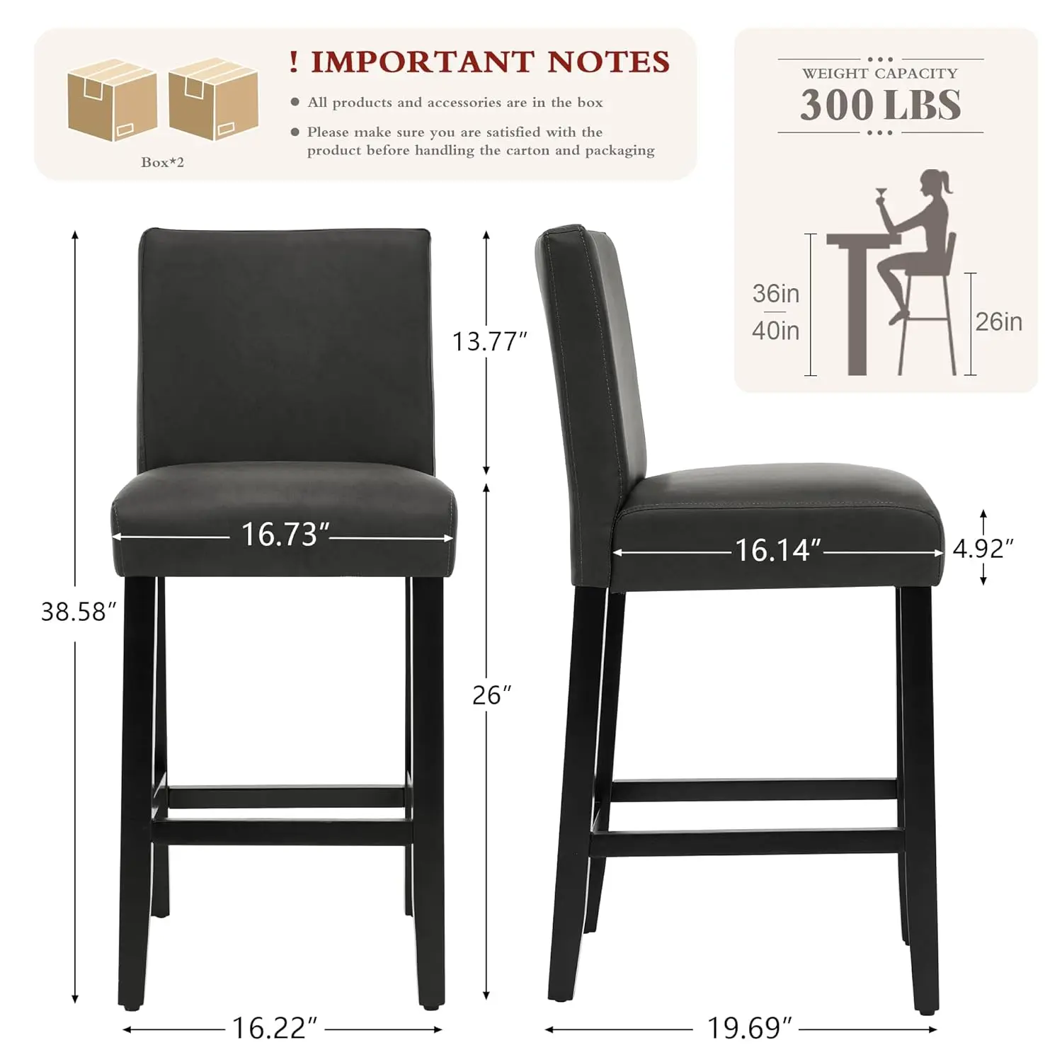 Conjunto de 3 Banquetas de Bar, Banquetas de Bar com Altura de 26'', Banquetas Modernas em Couro Sintético com Pernas e Encosto em Madeira Sólida, Personalizadas