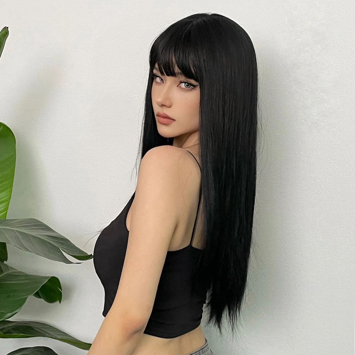 EASIHAIR Black Synthetic Natural Hair Wigs Long Straight with Bangs Daily Cosplay Wig Heat Resistant Fiber Wigs for Women