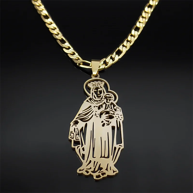 Virgin Mary and Baby Medal Hollow Necklace for Men Women OUR LADY Religious Pendant Stainless Steel Gold Color Necklaces Jewelry