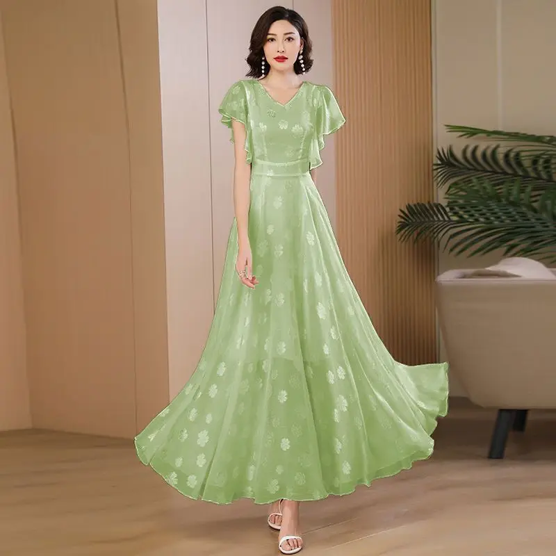 

2024 Ladies' Summer New Jacquard Chiffon Dress Fashionablesimple Noble With Long Lotus Leaf Sleeves Big Swing Temperament Dress