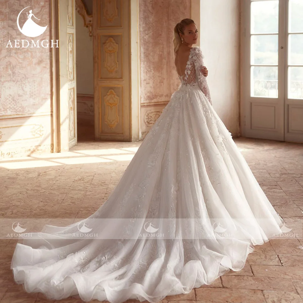 Aedmgh A-Line vestidos De Novia elegantes festoneados Vestido De Novia De manga larga Apliques De encaje flores 3D Vestido De Novia hecho a medida