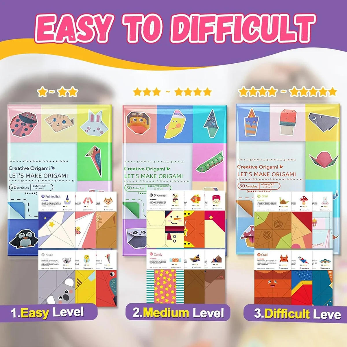 Kit Origami 30/96 Fogli Origami Carta Artigianale Guida Libro Progetti di Arte Artigianato Fai da Te Forniture per Principianti Bambini Bambini Ragazzi Ragazze