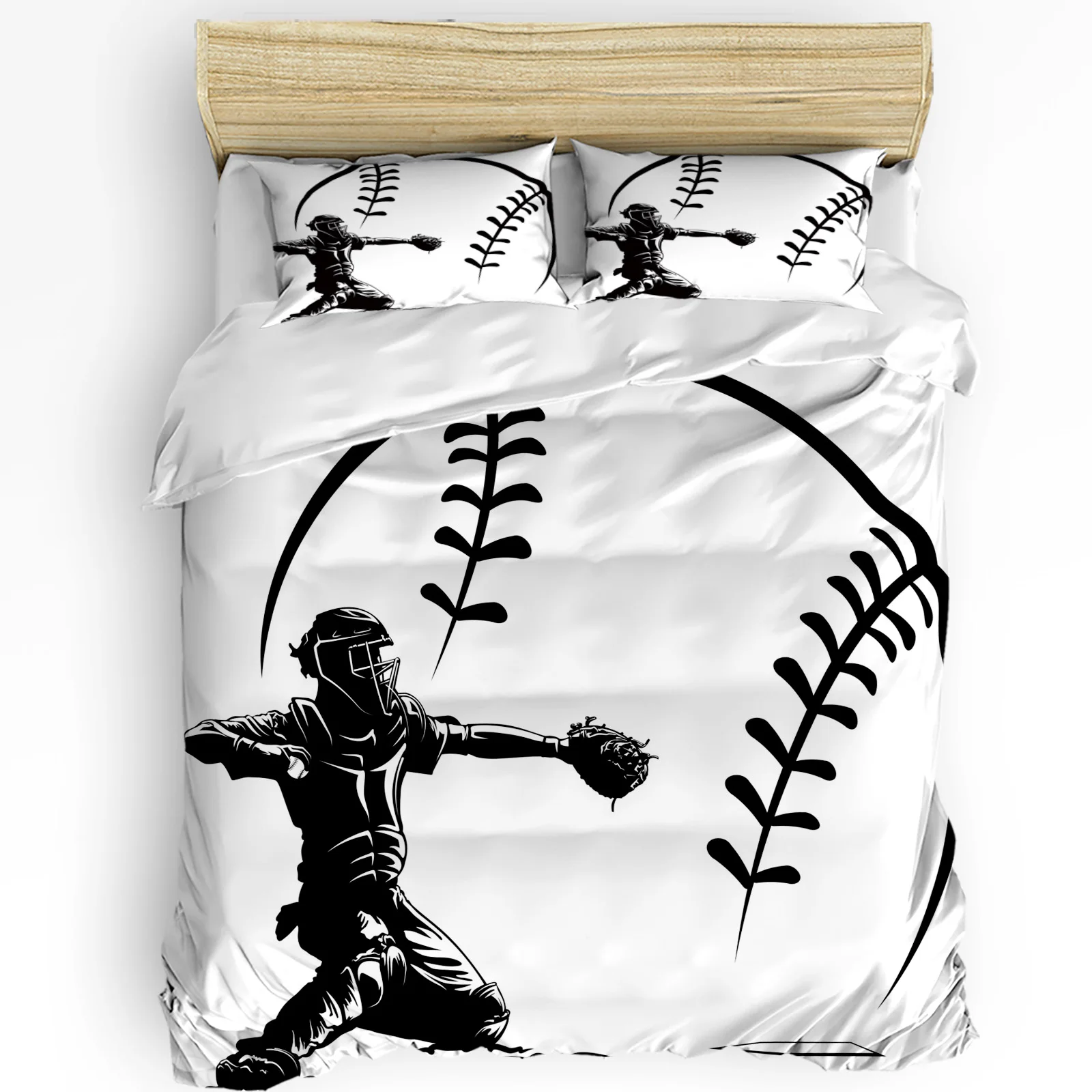 Baseball Catcher Baseball Player Black White 3pcs Bedding Set For Double Bed Home Textile Duvet Cover Quilt Cover Pillowcase