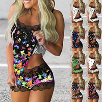 Women's Two Pieces Pajama Sets Sexy Lace Trim Sleepwear Suspender Tank Tops And Shorts Set Nightwear Pijama Nighty Lingerie