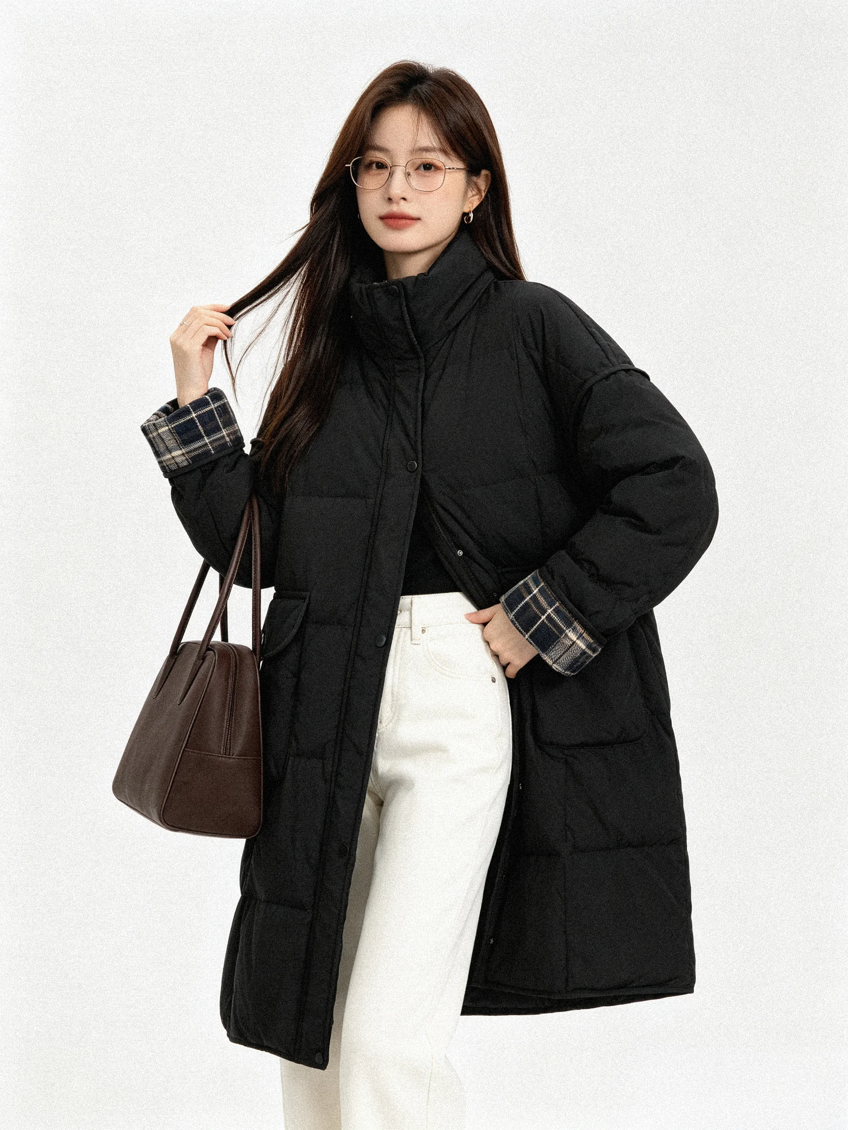 Korean Style Lightweight Vintage Plaid Stand Collar down Jacket Coat 2026 Winter Mid-Length Versatile Elegant Fashionable