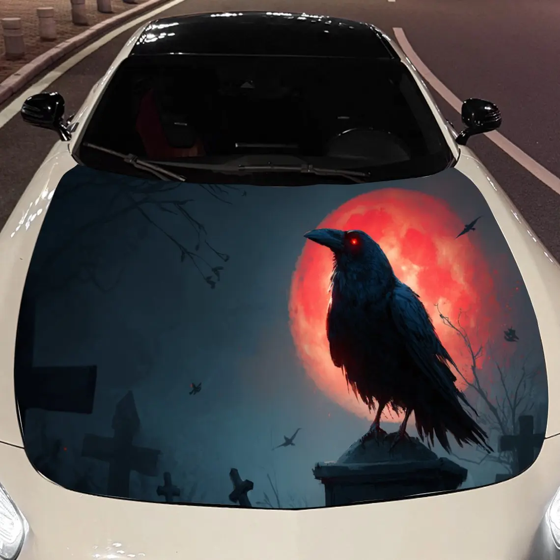

Blood Moon Red-eyed Crow Car Hood Vinyl Stickers Car Surface Protection Decal Car Decoration Cover Vinyl Wraps Waterproof Self-a
