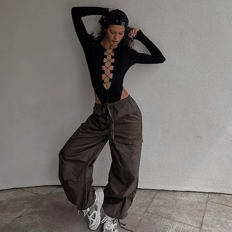 

Female Y2K Ins Chic Bandage Bodysuit Rompers Women Black Tee Sexy Hotsweet Steetwear Lady Winter Autumn Onesie Playsuit Jumpsuit