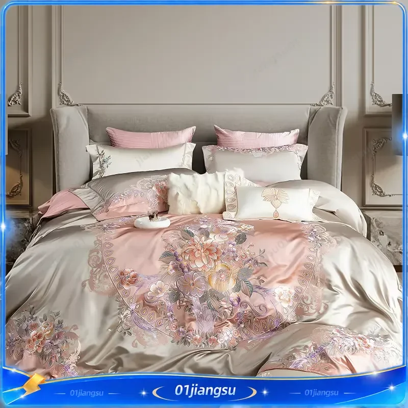 4 6 9 Pcs Luxury European Palace Style Bedding Set Gorgeous Flower Embroidery Brocade Egyptian Cotton Duvet Cover Sheet
