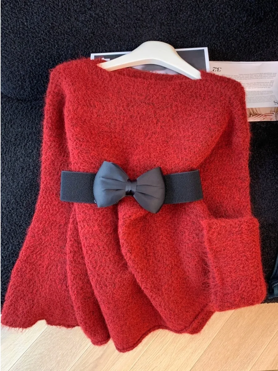 한국 슬레 레이지 매듭 허리 조임 니트 스웨터 여성용 가을 겨울 신상 패션 루즈 슬림핏 탑