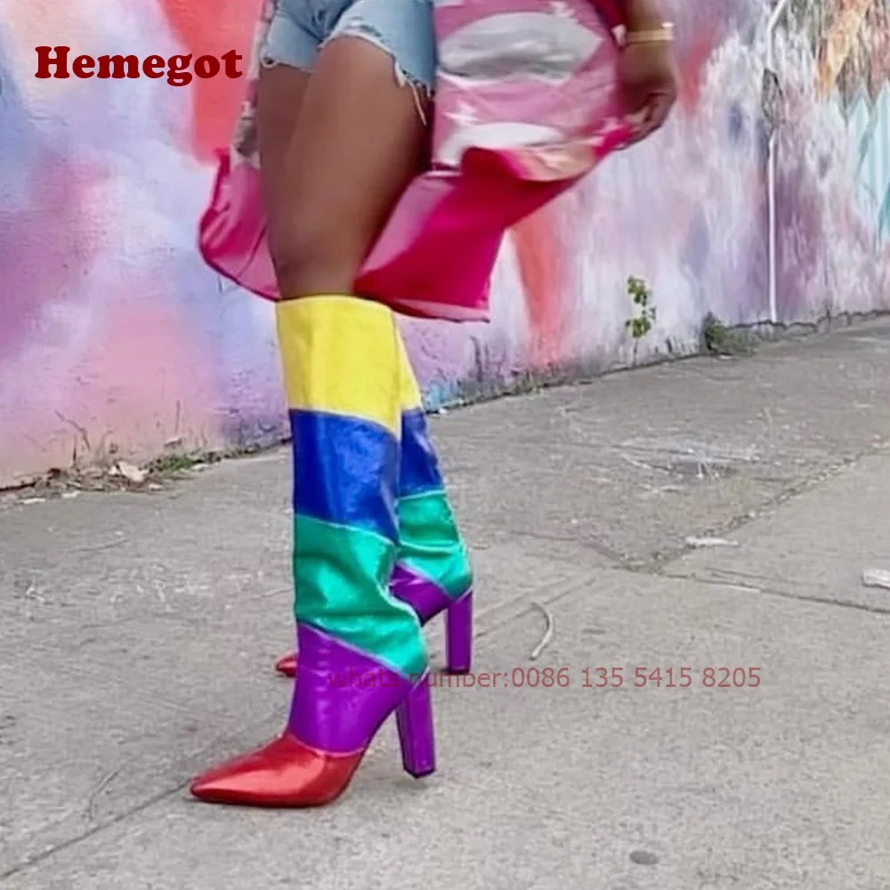 Rainbow Splicing Knee High Boots Pointy Toe Chunky Heels Slip On Women's Boots Multi-Color Winter Sexy Shoes Plus Size Luxury