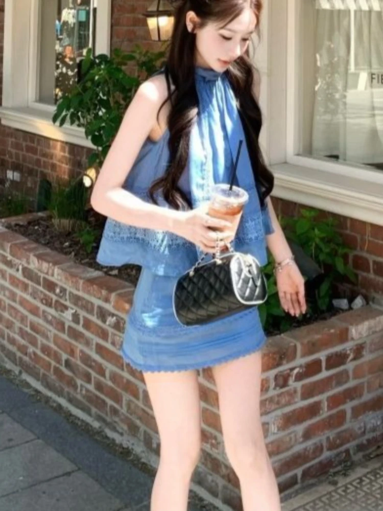 

French Elegant Princess Blue Halter Neck Sleeveless Top Lace Trim 2pcs Set Women Bodycon Mini Skirt Daily Wear Streetwear Outfit
