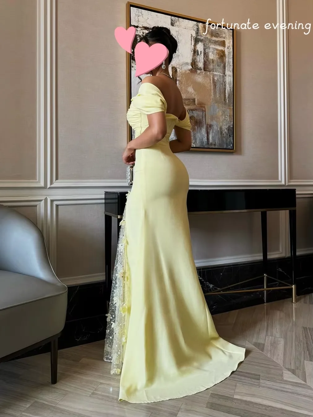 Flora Dress Customized Mermaid Evening Gown Yellow Chiffon Off Shoulder Long Sleeves Prom Dress Zipper Back Vestidos De Noches