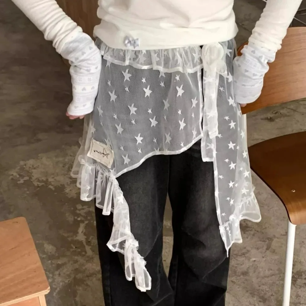 Mini saia de renda estrela macia estilo japonês saia de gaze irregular cintura alta rendas babados borda saia feminina