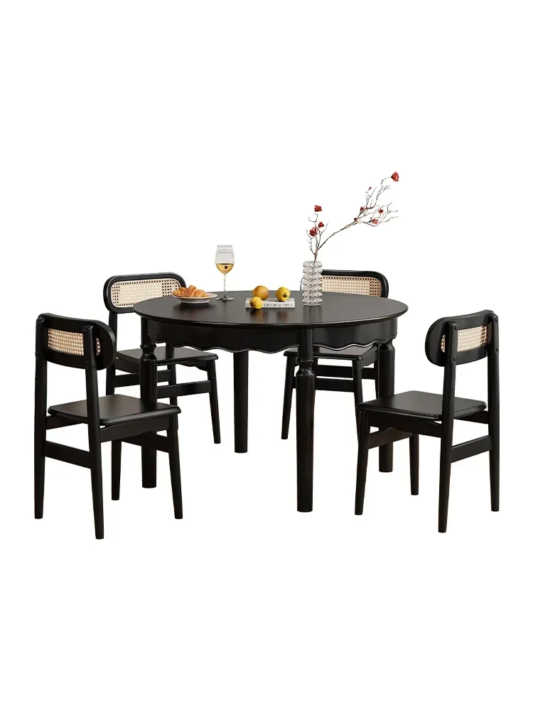 Medieval all-solid wood round dining table American modern simple black round table