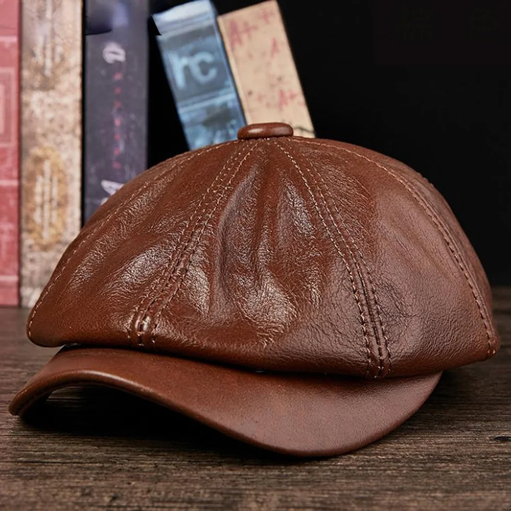 NEWSBOY Caps For Men Black Real Leather Octagonal Cap Male Autumn Winter Fitted Vintage High Quality Duckbill Hats Beret