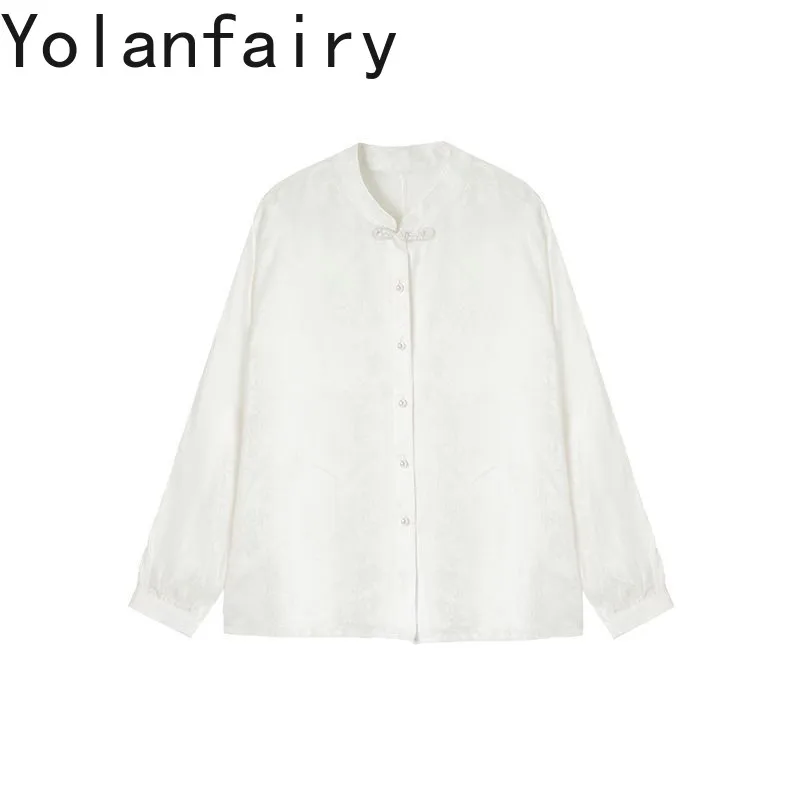 

YOLANFAIRY New Real Silk White Shirt Woman 24.4% Mulberry Silk Long Sleeve Shirts High-end Jacquard Spring Autumn Womens Clothes
