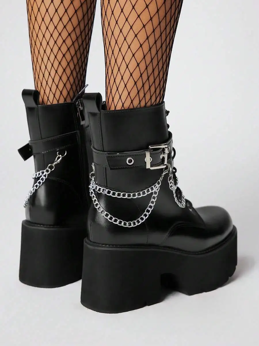 ROMWE Grunge Punk Women's Dark Punk Style Thick Sole Chunky Heel Ankle Boots, Gothic Metal Chain Decor Wedge Ankle Boots,