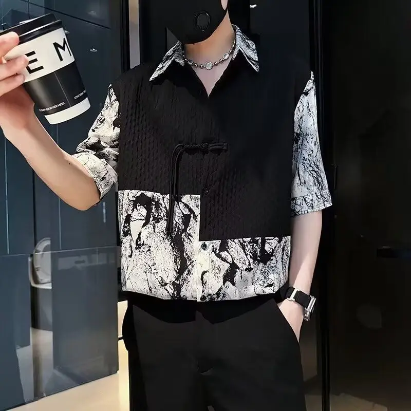 

Elegant Ice Silk Short Sleeve Casual Dandy Tie-Dye Patchwork Shirt Men's Summer Top