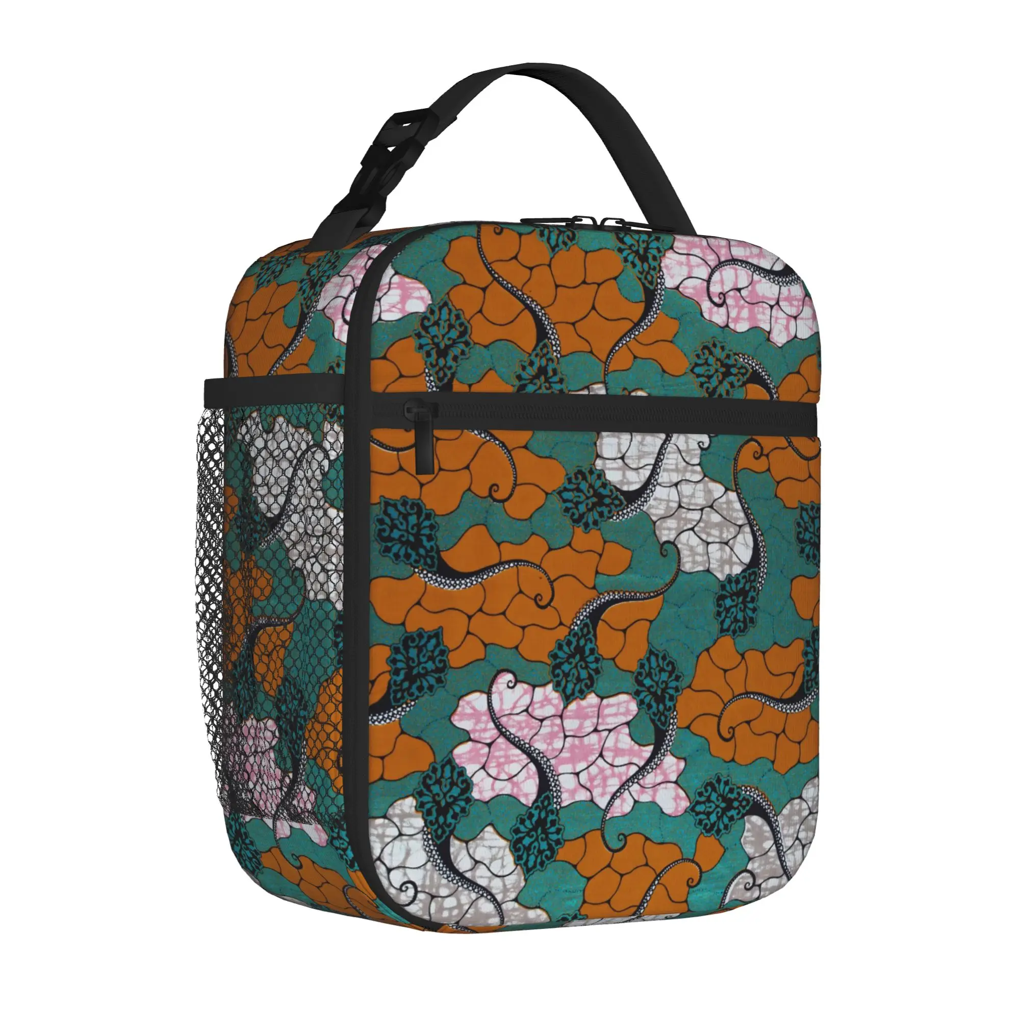 African Ethnic Tribal Ankara Insulated Lunch Tote Bag for Office Abstract Swirl Reusable Thermal Cooler Large Size Bento Bags