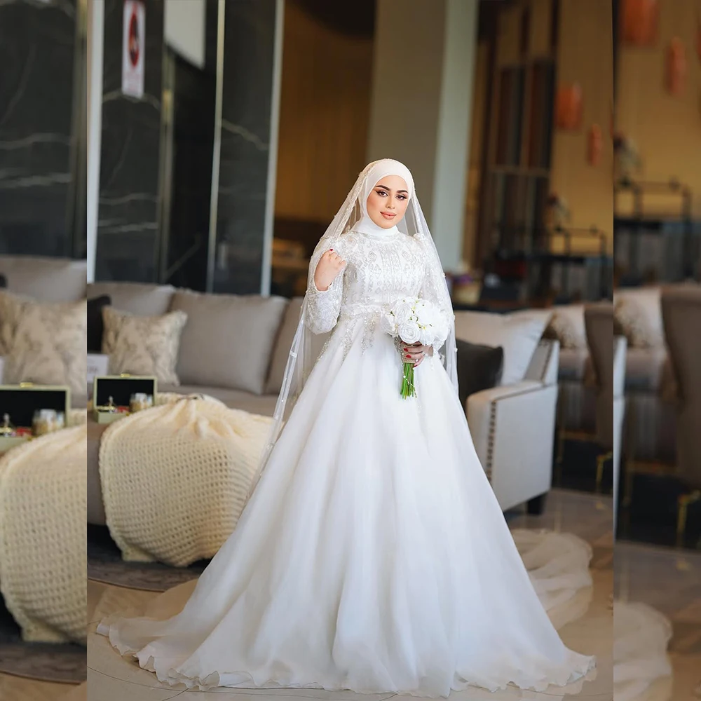 

Luxury Wedding Dresses with Hijab High Neck Long Sleeve Bride Dress Beading Sequined Bridal Gown Customized Traje Novia Mujer