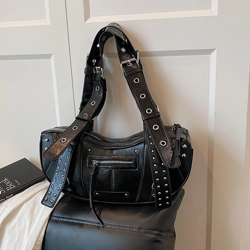 

Модная сумка через плечо, расширенная регулируемая сумка через плечо, европейско-американская Y2k, крутая мотоциклетная сумка с заклепками, сумка