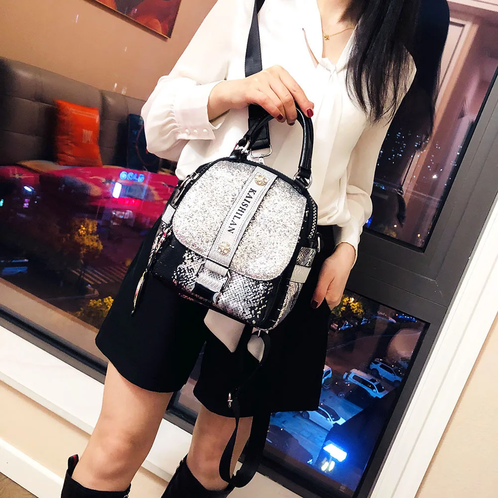 Women Design Vintage Serpentine Vegan Leather Pouch Bag Travel Small Size Glitter Iridescent Multi Pockets Convertible Backpack