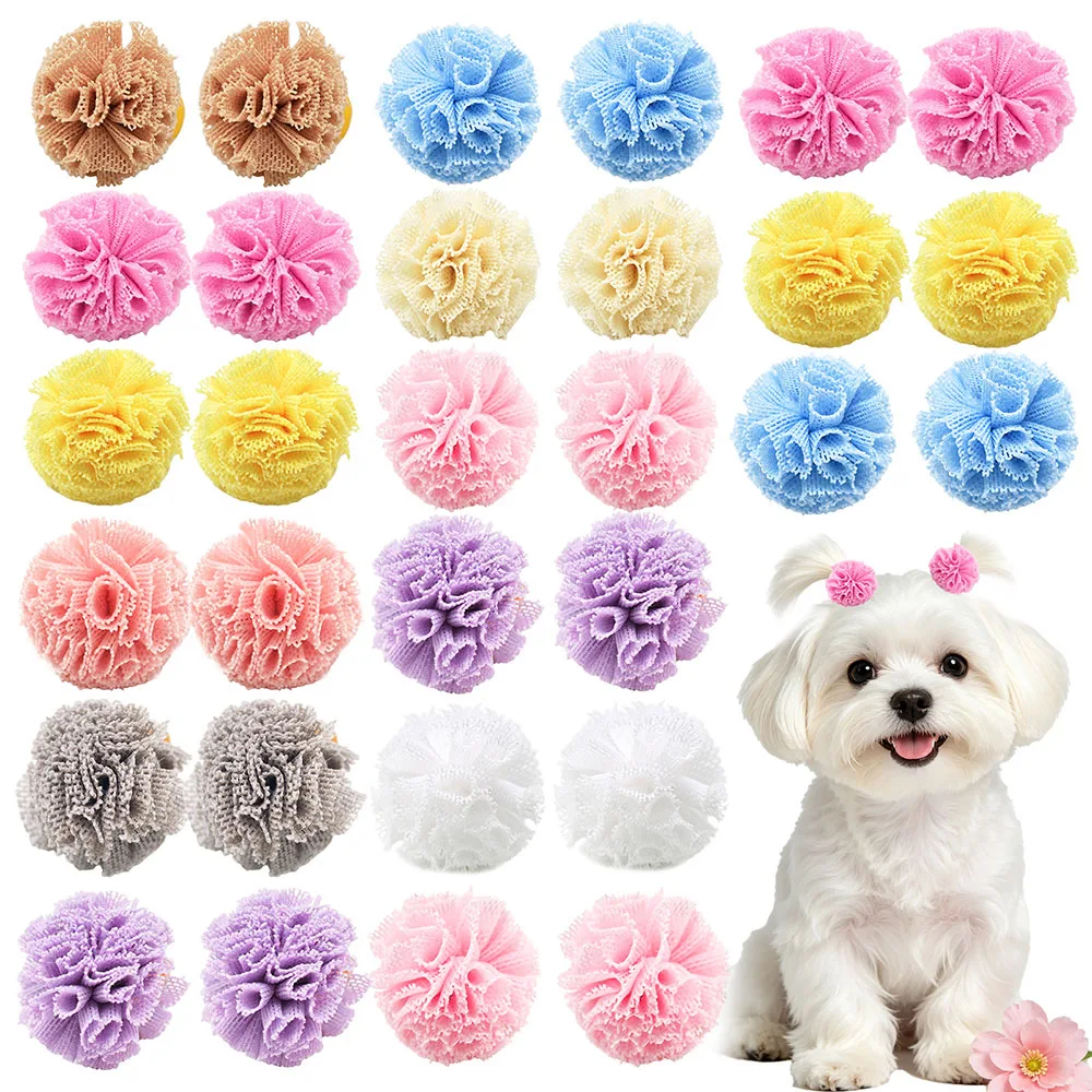 30/50 Stück Spitzen-Hundeschleifen, weiche, kugelförmige Welpenhaarschleifen, gemischte Farben, niedliche Welpenschleifen, kleine Haarschleifen für Hunde – Detail 1
