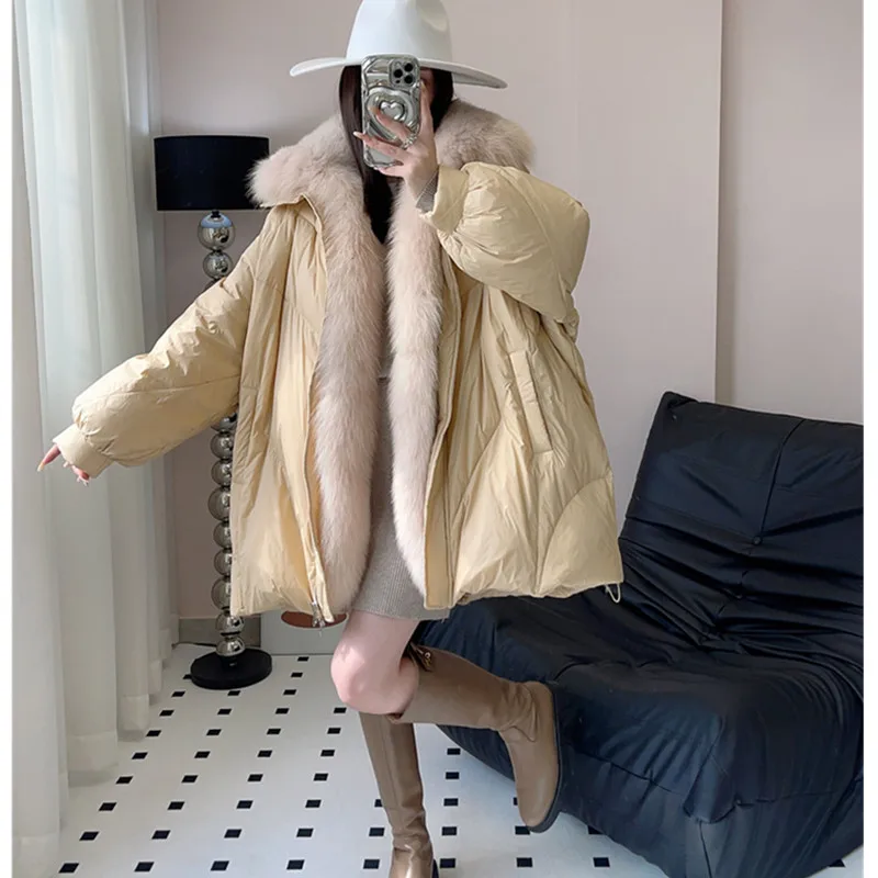 Abnehmbarer Fuchspelzkragen, lockerer Damen-Pelzmantel, 2025, Winter, neue koreanische Version, verdickte Daunenjacke, warmer Damenmantel