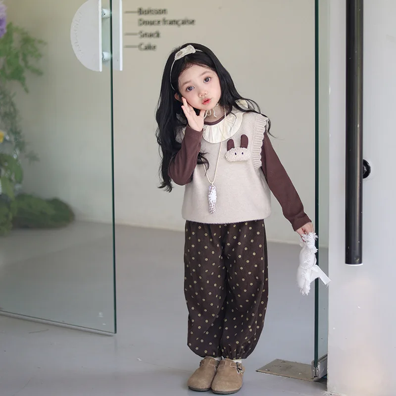 

2025Girls Spring and Autumn New Korean Style Sweet Long Sleeve Woolen Vest Polka Dot Casual Pants Set