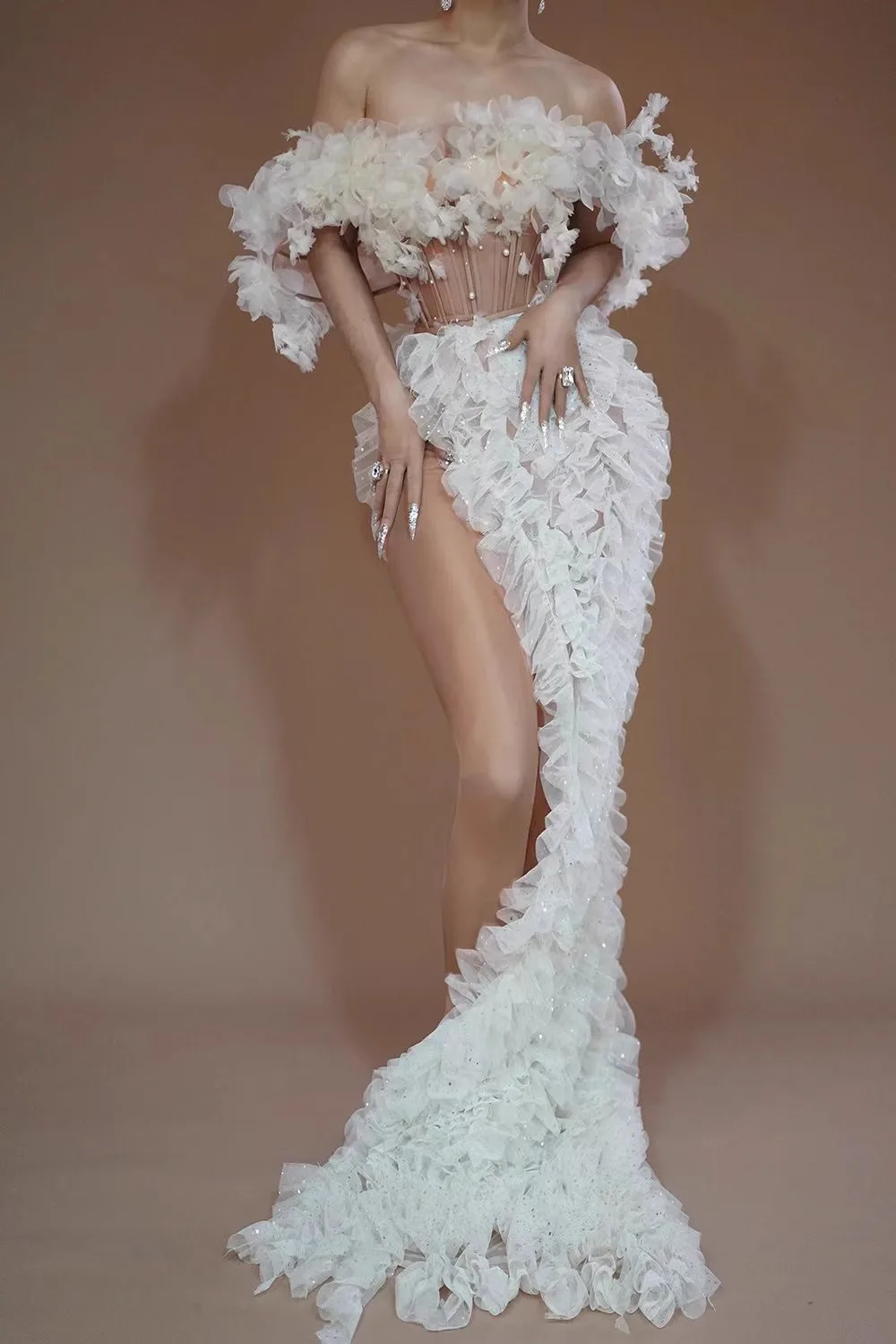 White Flower Evening Dresses Banquet Birthday Party Sexy Strapless Gauze Dress Singer Stage Clothing Drag Queen Costume yj005