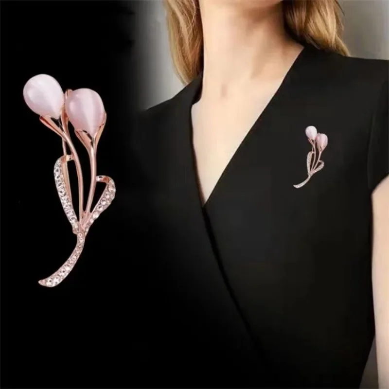 Luxury Fashion Tulip Brooch for Women Rhinestone Crystal Flower Badge Exquisite Opal Corsage Anti-slip Pin Accessories Jewelry