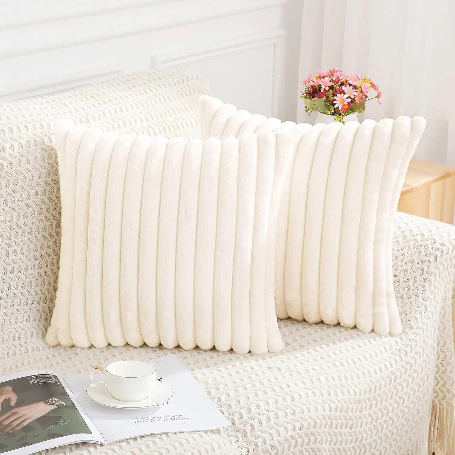 

Faux Fur Plush Throw Pillow Covers Luxury Soft Fluffy Striped Decorative Pillow Covers White Cushion Cover for Sofa Living Room