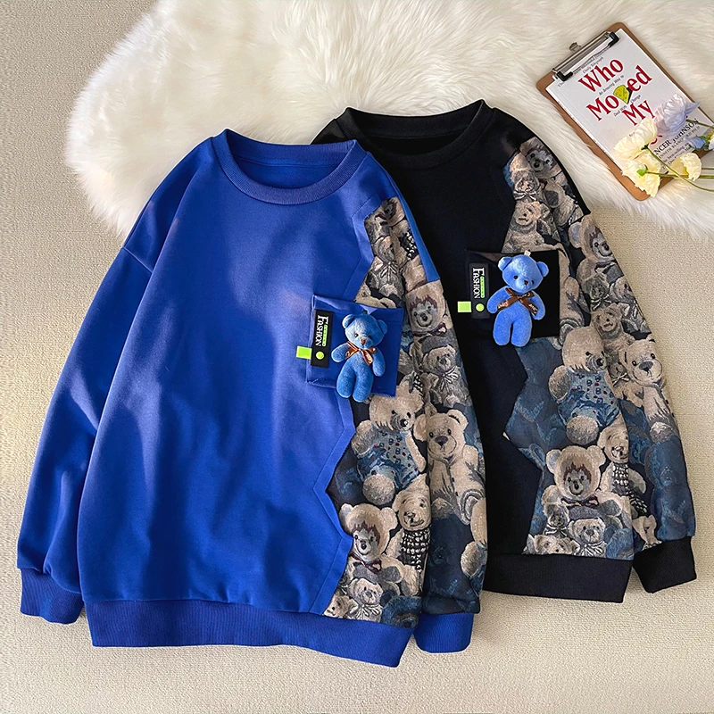 Klein Blue Bear Sweatshirt Men Trendy American Vintage Patchwork Sweatshirts Streetwear Stereo Pockets Oversizes Couple Clothing