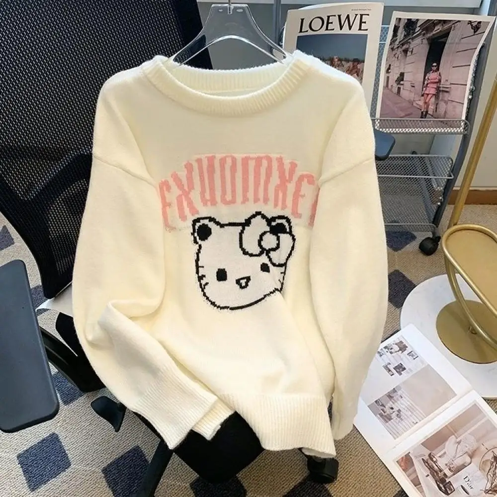 

Kawaii Sanrioed Hello Kitty Sweater Autumn Winter Cartoon Kt Crew Neck Sweater Female Versatile Student Loose Cute Knitted Tops