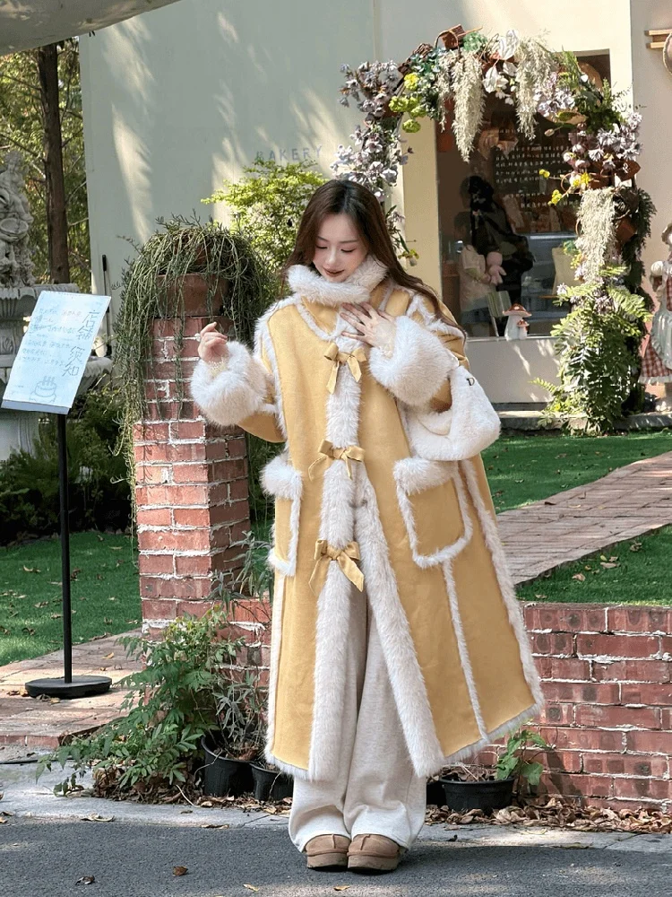 

Lamb Fur Coat Women's Long Thickened Warm Outerwear Spring Autumn Winter Style Commute Straight Tube Pure Color Knot