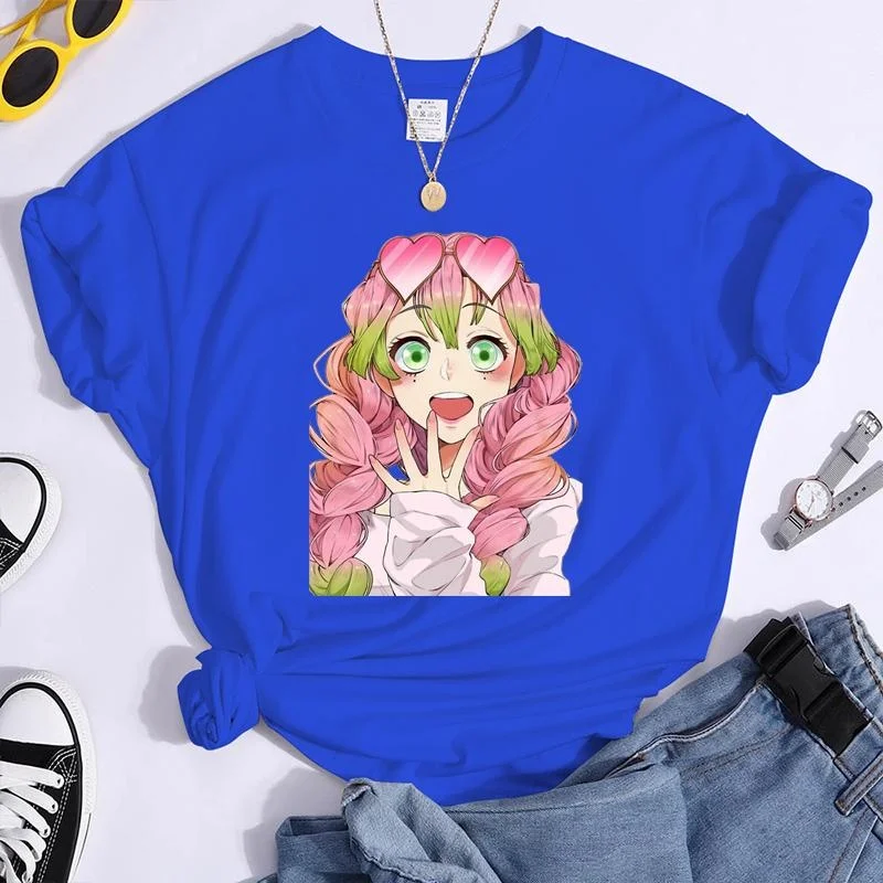 Camiseta estampada Kanroji Mitsuri feminina, gola redonda, streetwear aconchegante de manga curta, moda casual, camiseta Harajuku, verão, nova