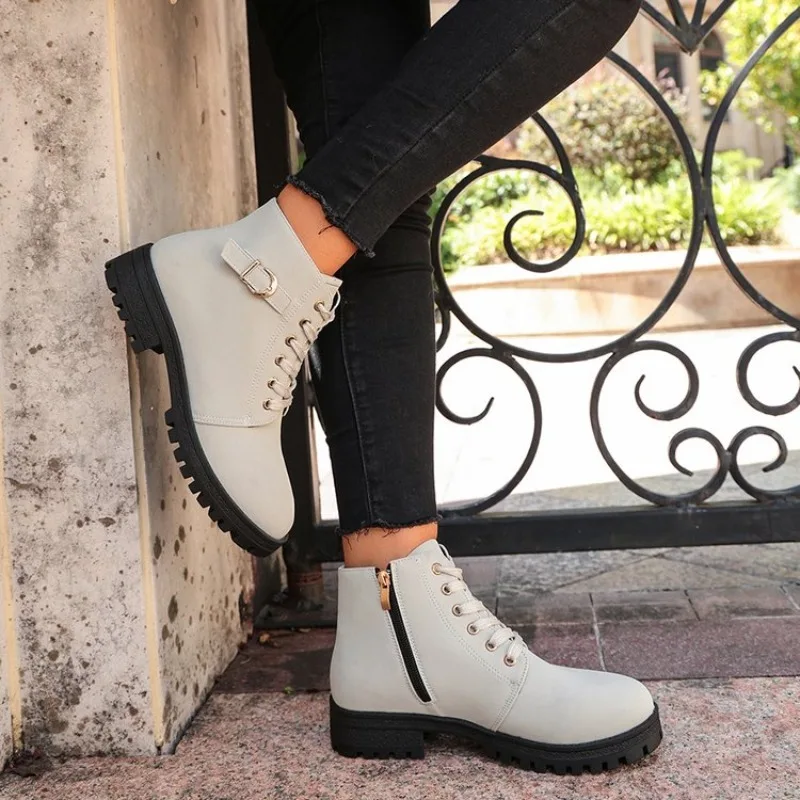 Women's Ankle Boots Round Toe Low Block Heel Leather-Look Smooth Upper Lace-Up Side Zip Buckle Details Chunky Lug Sole Footwear
