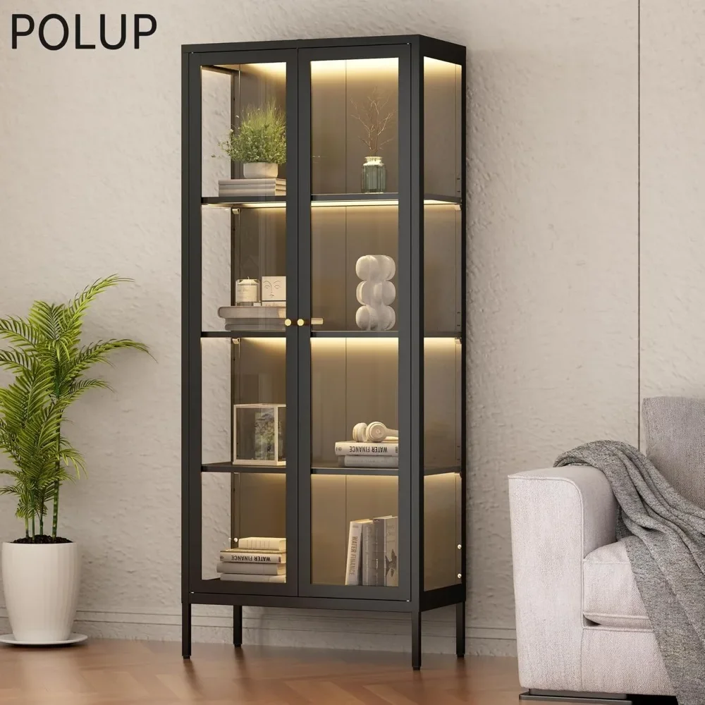 "68" Black Glass Display Cabinet - Curio Case w/ 3-Color LED Lights & Glass Doors, Tall Collectibles Showcase"​