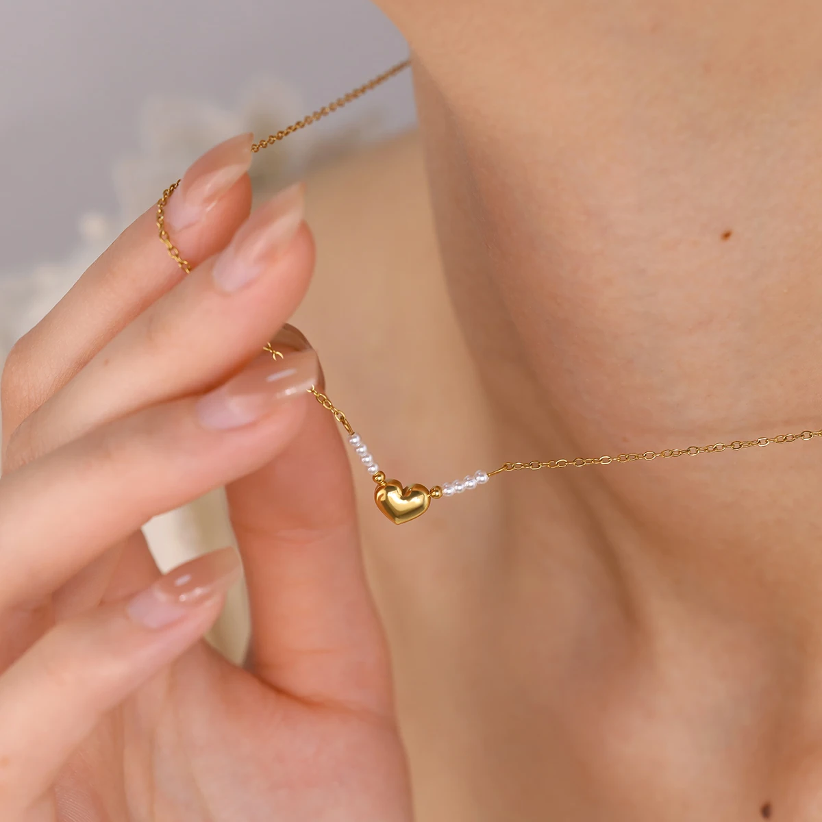 WILD & FREE Trendy Stainless Steel Heart Pendant Necklaces for Women Chic Luxury Pearl Charms 18K Gold Plated Jewelry - Image 6