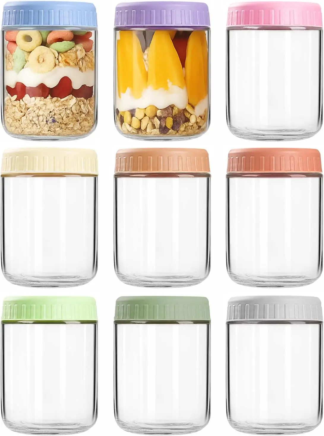 

Overnight Oats Containers with Lids, 16oz Wide Mouth Jars with Lids, 9 Pack Glass Jars with Airtight lid for Chia Pudding