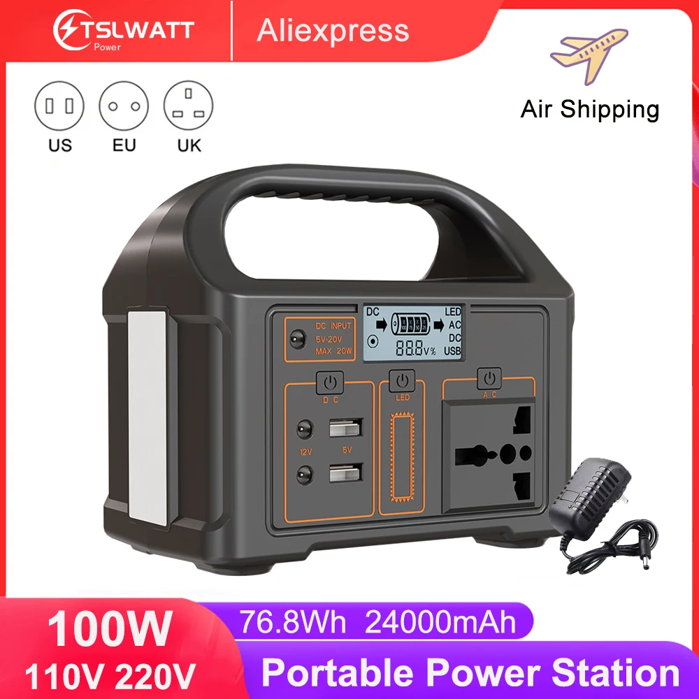 100W Portable Power Station 220V/110V Solar Generator Outdoor Emergency Mobile Power Bank 24000mAh LiFePO4 For Camping Power LED