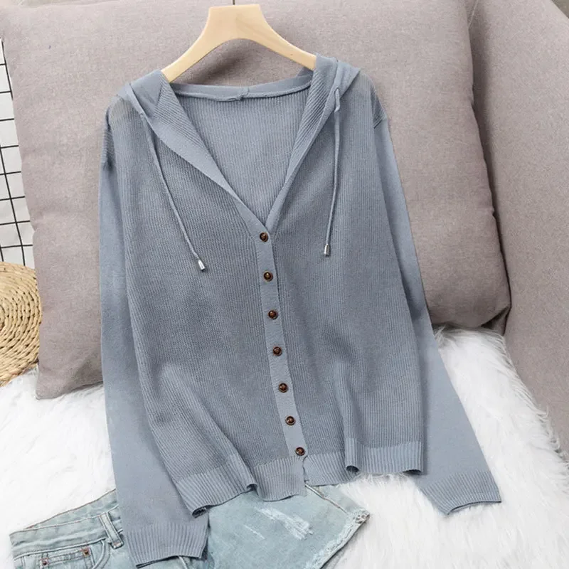 Summer Hooded Solid Color Knitted Jacket New Loose Hollow Cardigan Button V Neck Long Sleeve Large Size Top for Women Clothes