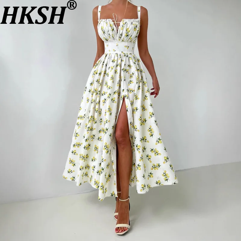 

Женское повседневное длинное платье HKSH с принтом, без рукавов, на бретельках, с завышенной талией, элегантное, милое, плиссированное, с разрезом, новинка лета 2026 HK19349