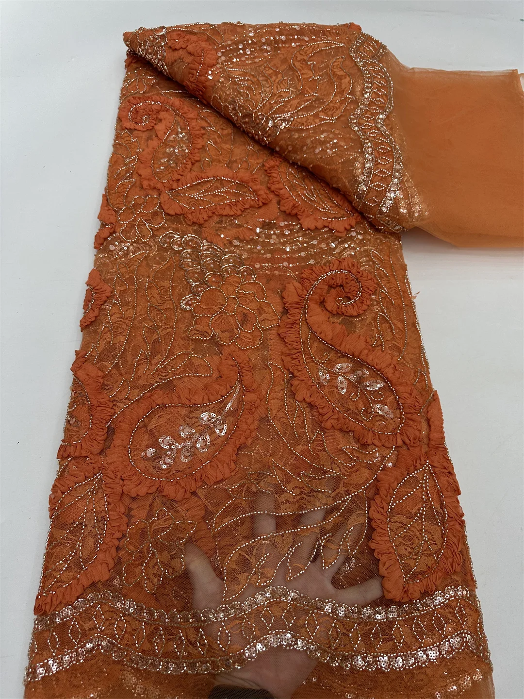 Luxuriöser 3D-afrikanischer schwerer handgefertigter Perlen-Tüll-Spitzenstoff 2025, nigerianischer französischer Pailletten-Netz-Spitzenstoff für Hochzeits-Party-Kleider